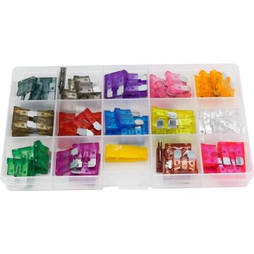 70 PCS medium blade automotive fuse kits for 1/2/3/4/5/7.5/10/15/20/25/30/35/40/45/50A plastic box car fuse box