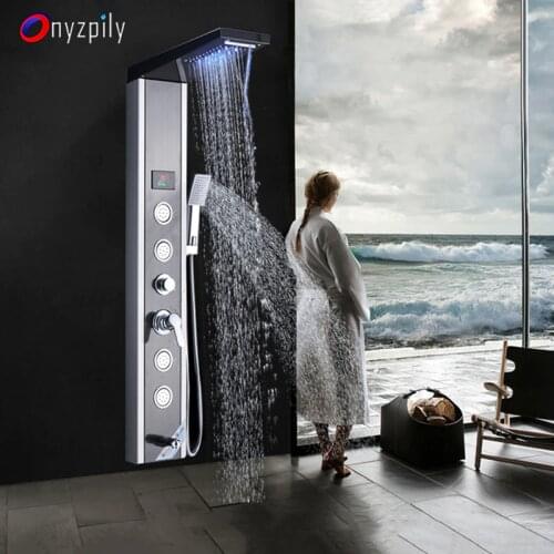 Shower Panel Black Shower Column Faucet Digital Temperature Screen Bath Shower System LED Light Rotable Spa Massage Sprayer RU