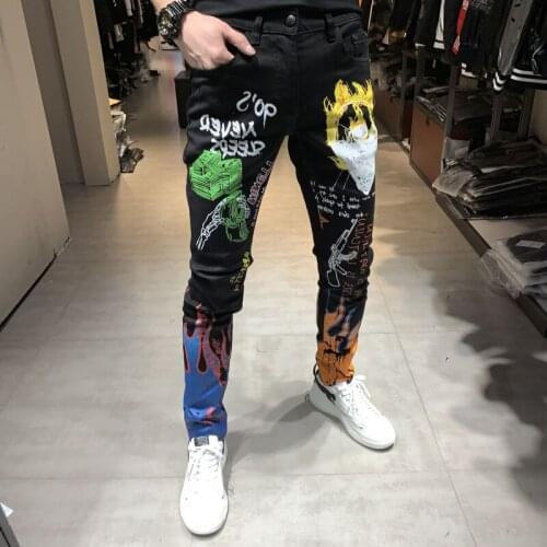 Men Jeans Black Color Graffiti Printed Jeans Designer Casual Pencil Pants Elastic Slim Fit Hip Hop Jeans Fashion Streetwear