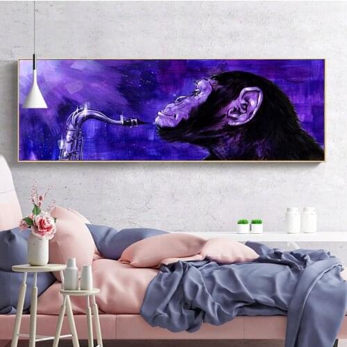 Big Size Monkey Playing Musical Instrument Purple Wall Picture Oil Painting for Living Room Canvas Modern Art Poster and Print