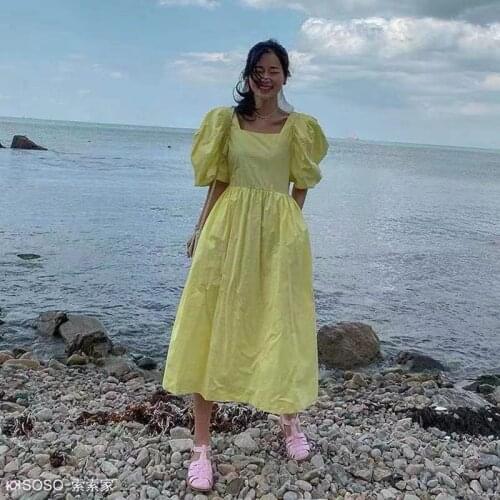 Korean Summer French Retro Holiday Style Halter Cut Air Quality Square Neck Puff Sleeve Princess Dress Female