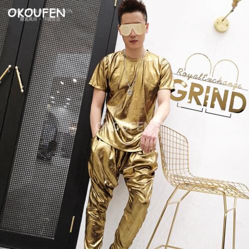 Fashion Gold Layer Shine T-Shirt Set Harlan Set Nightclub Singer Hair Stylist T Stage Dress wear