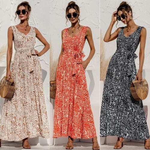 Fashion Sexy V Neck Dress 2021 Women Summer Casual Elegant Sleeveless Lace Up Leopard Maxi Beach Party Dresses Robe Femme