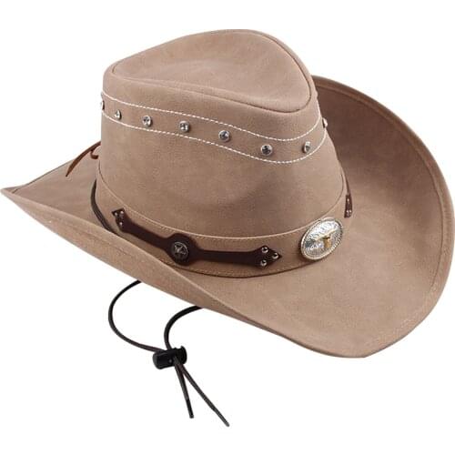 Men Anti UV Cowboy Hat Wide Brim Diamond Dad Soft Fashion Gift Sombrero With Chin Cord Vintage PU Leather Pinch Front Party