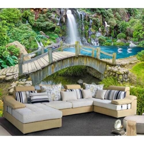Papel de parede stream small bridge flowing water waterfall 3d wallpaper mural,iving room tv wall bedroom wall papers home decor