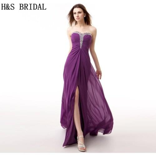 H&S BRIDAL Purple Chiffon Cheap Evening Dresses Sweetheart Crystal Beaded evening prom dresses 2017 Red Evening Gowns With Slit