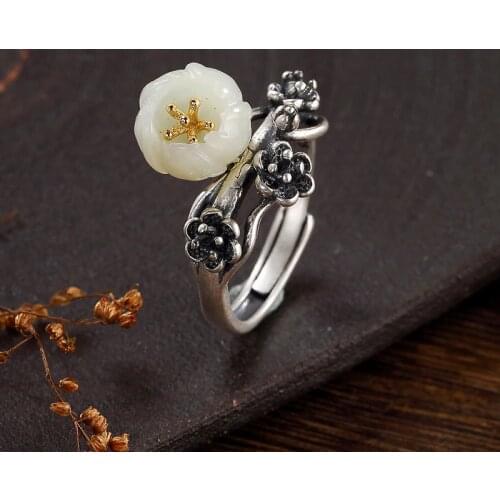 New Arrival silver S925 pure silver retro natural Hetian jade white jade inlaid plum blossom lady open ring ring wholesale