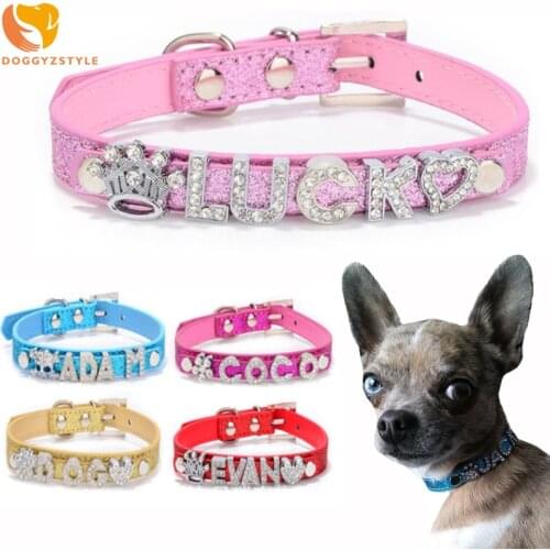 Personalized Dog Cat Collar DIY Name Puppy Leather Collars Rhinestone Bling Charms Pet Collars Wholesale