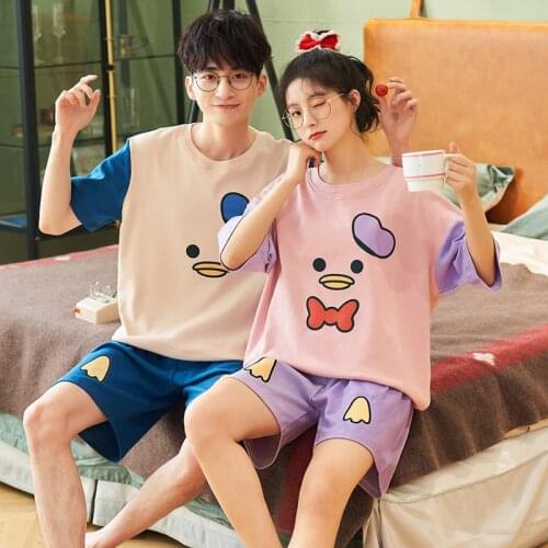 Summer Knitte Cotton Couple Pajamas Set Women Cute Cartoon Sleepwear Leisure Loose Plus Size O-Neck Short Sleeve Lovers Homewear
