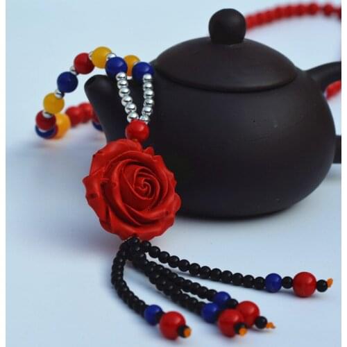Drop Shipping Red Vermilion Pendant White Tridacna Necklace Carved Rose Flower Round Beads Sweater chain Gift For Women Jewelry