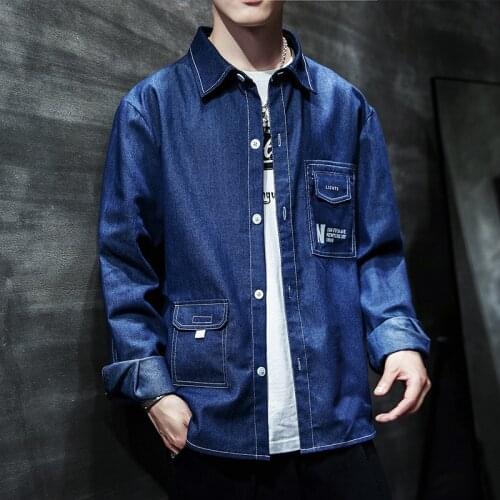Dropshipping High Quality Cotton Denim Shirt Men Spring Autumn Youth Ins Super Hot Casual Slim Fit Shirts Cargo Jean Tops M-4XL