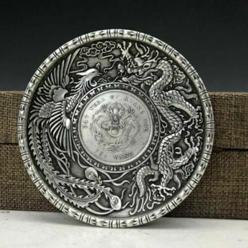Chinese hand-carved dragon pattern Tibet silver Copper The plate TE
