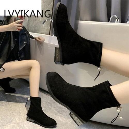 LVYIKANG Womens Short Boot Woman 2019 Low Heels Booties Autumn Boots Flock Fashion Slip-on Booties Ladies Round Toe Ankle Boots