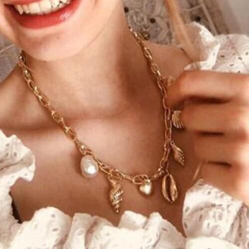 1 Pcs Bohemian Women Necklaces Pearl Shell Scallop Conch Heart Pendant Gold Necklace Summer Lady Punk Choker Beach Jewelry