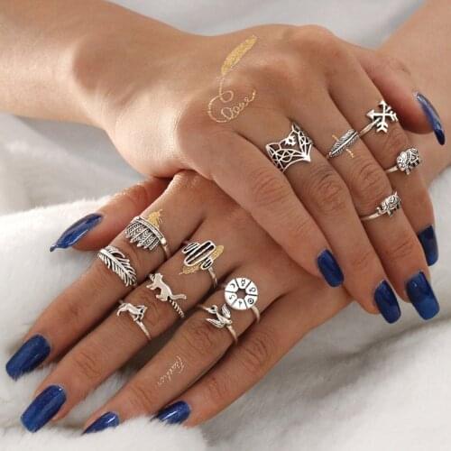 13pc/set Vintage Tibetan Silver set Rings For Women Big Knuckle Geometric Pattern Rings Set Boho Statement Jewelry Gift for girl