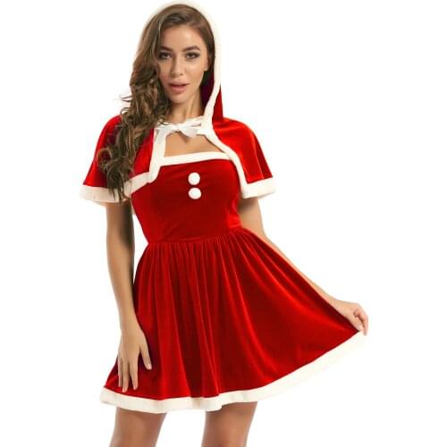 2021 Women Christmas Reindeer Costume 2Pcs Outfits Top Sleeveless A-line Dress + Hooded Bowknot Cape for Party Cosplay Fancy Set