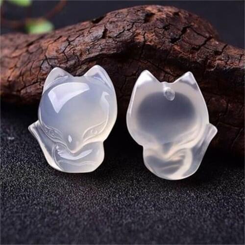 5A 100% Natural White Agate Chinese Chalcedony Fox Pendant Charm Carved Amulet Gifts For Jewelry Making DIY Anime Hanfu Decor