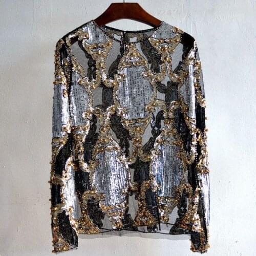 Sequined Blouse Elegant O Neck Beading Shirt Women Fashion Long Sleeve Perspective Mesh Lace Tops