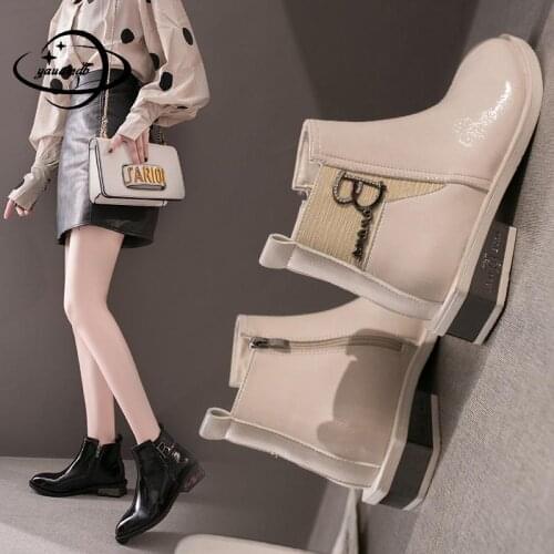 35-40 Womens Martens Boots Spring Autumn Female 3cm Square Heel Zipper Pointed Toe Solid Color Comfortable Ladies Shoes Hy45