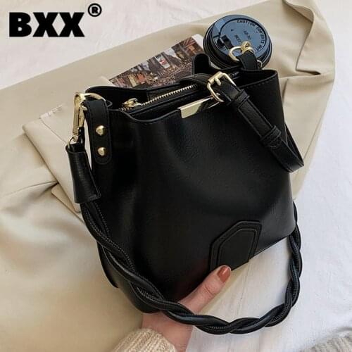 [BXX] PU Leather Bucket Bags For Women 2021 Winter Branded Shoulder Handbags and Purses Female Trending Cross Body Bag HP982