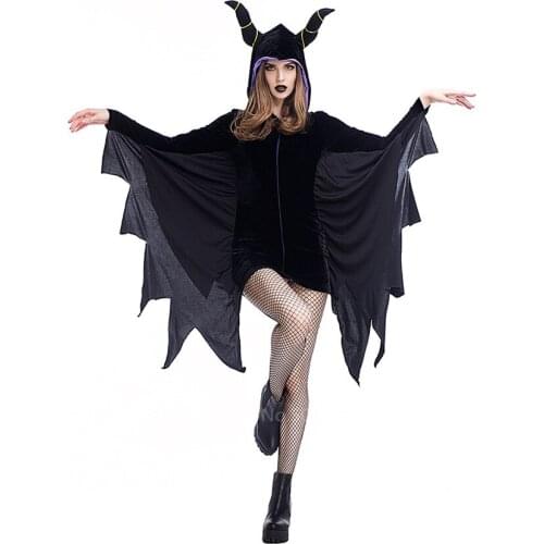 Halloween Costume for Women Bat Vampire Cosplay Black Horns Hodded Dress Demon Female Fancy Gothic Sexy Carnival Party Jumpsuit