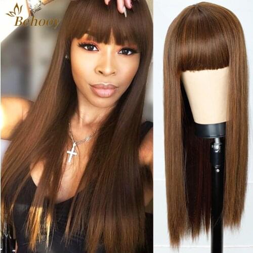 Long Straight Hair Synthetic Wig For Black Women Blonde Pink Brown Color Natural Density Heat Resistant Wig With Bangs