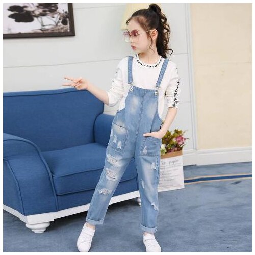 Children Overalls Autumn Boys Girls Denim Suspenders Jeans for Teen Fashion Hole Ripped Jeans Pants Casual Kids Denim Jumpsuit