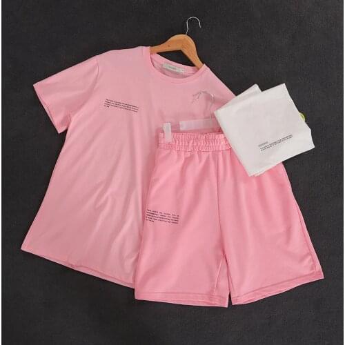 100% Cotton Woman Tshirts Long Shorts Two Piece Set Solid Color Letter Print Short Sleeve Tops+High Waist Drawstring Sweatpants