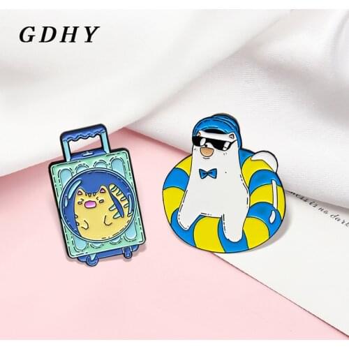 GDHY Cute Cat Box Swimming Cat Enamel Pins Diving Swimming ring Polar bear Cat Brooch Bag Lapel Badge Jewelry Gift Kids Friends