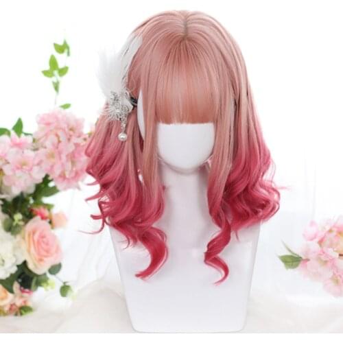 WTB Short Bob Synthetic Wigs for Women Orange Pink Ombre Wavy Wig with Bangs Colorful Lolita Cosplay Wig Heat Resistant Hair