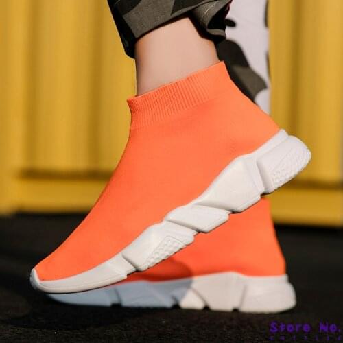Fly Weaving Running Sock Shoes Man Woman High Top Elastic Slip-On Mens Sneakers Black Orange Breathable Walking Footwear Size 46