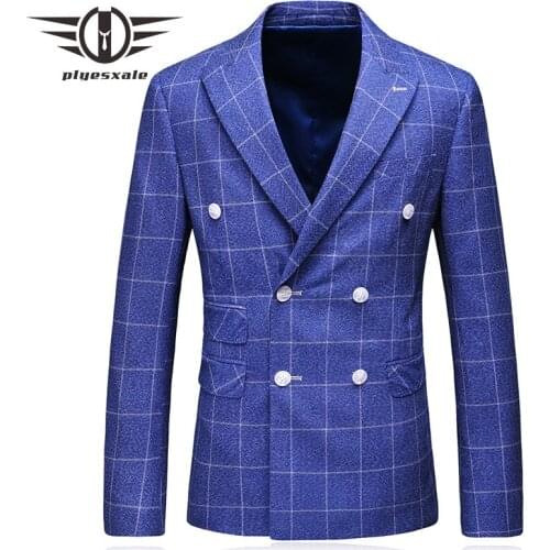 Plyesxale Mens Double Breasted Blazer Jacket Mens Blue Plaid Blazer Terno Masculino Slim Fit Brand Casual Men Clothing Q214