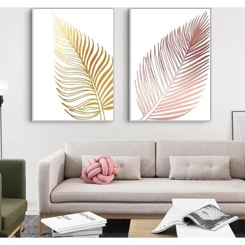 Pink and Gold Leaves Nordic Posters Canvas Painting Wall Art Prints Pictures for Modern Living Room Girl Bedroom Decoration