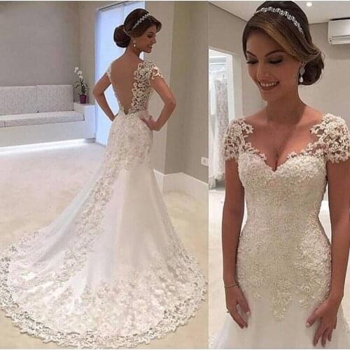 Charming Sweetheart Beaded Lace Wedding Dresses 2019 Sexy Backless Cap Sleeve Ivory robe de mariage Mermaid Bridal Gowns