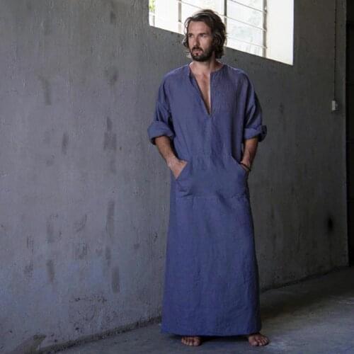 7 VEILS Mens Robe Casual Kaftan Cotton Thobe V Neck Long Gown Side with Pockets Caftan Sleepwear Nightgowns Nightshirt