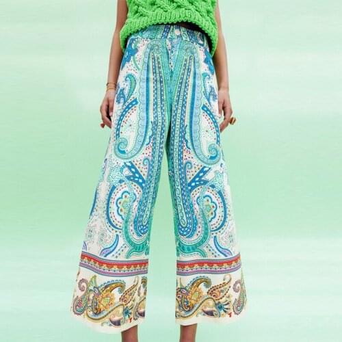 ZA Summer Pants Women Full-Length Trouser Printed High Waist Wide Leg Pants Pantalon Female Fashion Pants Zipper Trouser Pockets