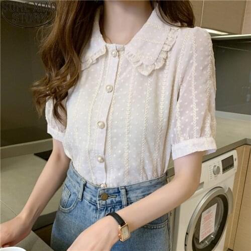 Sweet Apricot Chiffon Blouse Women Fashion Peter Pan Collar Shirt Summer 2021 New Short Sleeve Button Up Dot Shirt Clothes 14199