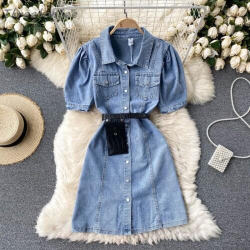 New Woman Summer 2021 Retro Denim Dress Temperament Single Breasted Slim Short Sleeve Mini Dress Female Fashion Vestidos