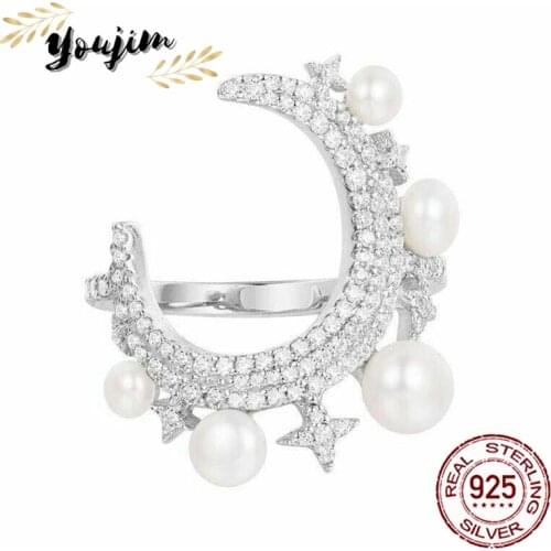 New style zircon 925 silver star and moon pearl ring women luxury fashion gift Monaco exquisite jewelry