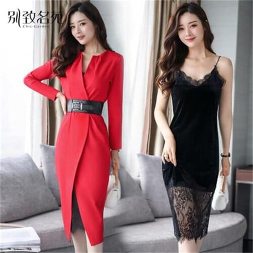 2019 spring and autumn new female temperament lace bag hip two-piece dress fashion suit tide