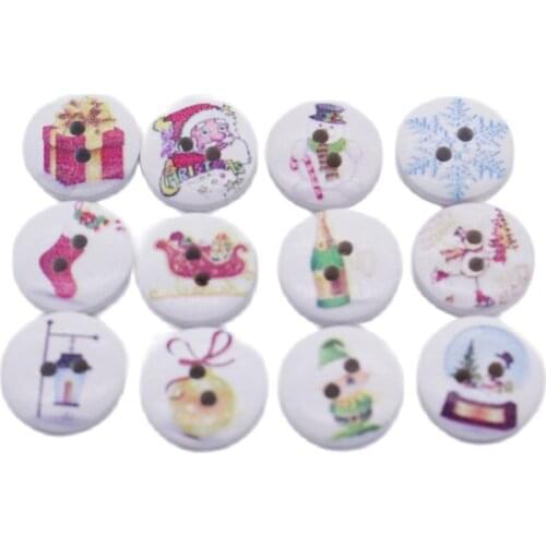 100 Pieces Christmas Wooded Buttons For Sewing Crafts Scrapbooking Decorations Cartoon Printed Button 2 Holes