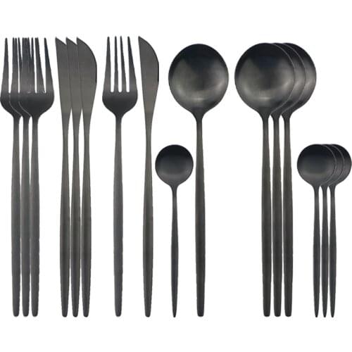 16Pcs/Set Black Cutlery Set Stainless Steel Dinnerware Set Knife Fork Tea Spoon Tableware Set Home Kitchen Dinner Silverware Set