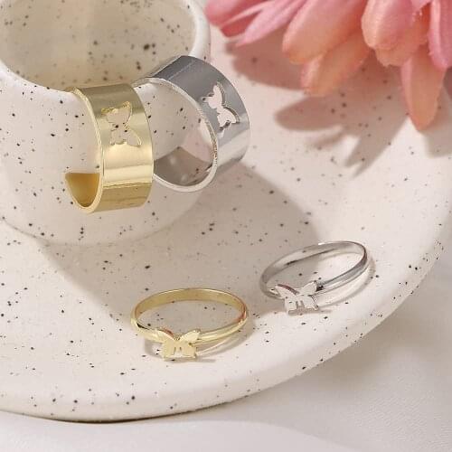 2pcs Butterfly Rings For Women Couple Friends Cute Dainty Rings Set Teen Girls Gold Plated Funky Simple Gifts Jewelry