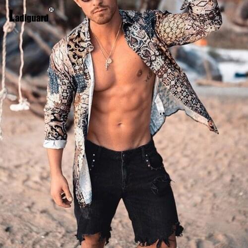 Plus Size 4xl Men Fashion Tops Streetwear Long Sleeve Casual Model Print Blouse Sexy Mens clothing 2021 Single-Breasted Shirt