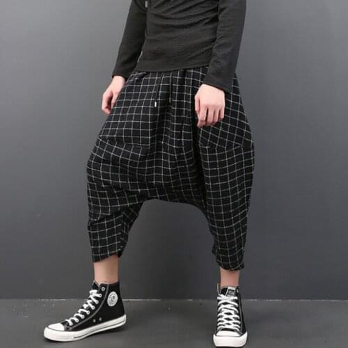 Autumn winter personality trousers mens low crotch pants plaid harem pant mens feet trousers fashion pantalon homme street black