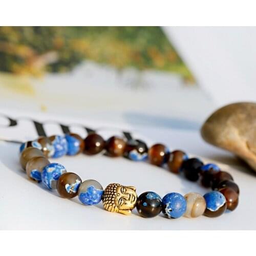 Buddhism Blue Genuine Tourmaline Stone Bracelets Women Handmade Yoga Charm Gold Buddha Stretch Bead Bracelet Pulseras