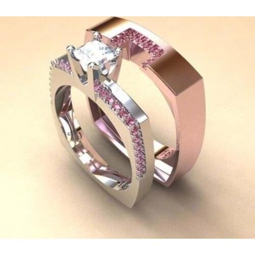 FDLK 2Pcs Womens Girls Pink Rhinestone Ring Set Anniversary Gift Engagement Bridal Wedding Party Rings Jewelry Accessories Gift