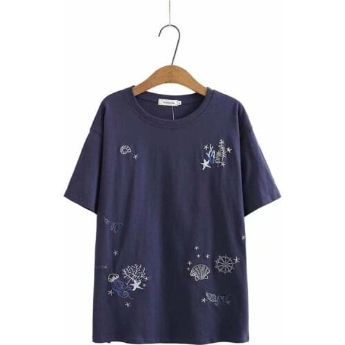 Plus size O-neck embroidery Short sleeve cotton women t shirt 2021 summer ladies pink Navy tee shirt female top loose tshirt
