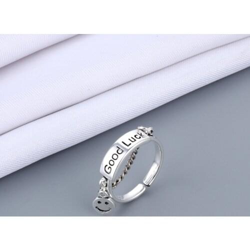 Unisex Vintage Adjustable Ring Ancient Silver Color Happy Smiling Face Open Rings for Women Hip Hop Good Luck Letter Jewelry