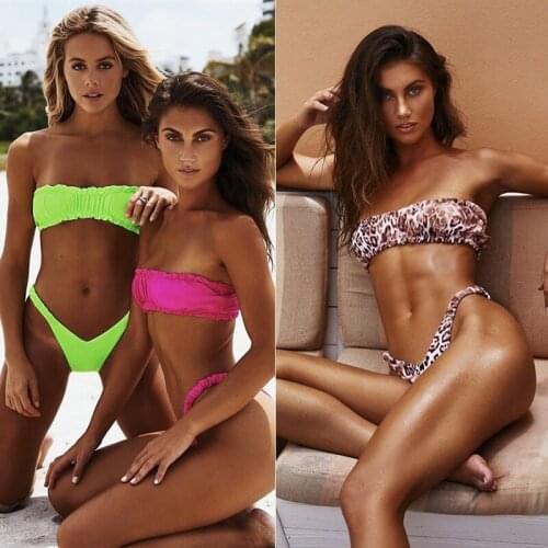 Bandeau Swimsuit Female Sexy Solid Leopard Swimwear Women Pleated Swimsuit High Cut Bikini Bathing Suit Biquinis Bikini 2021 New